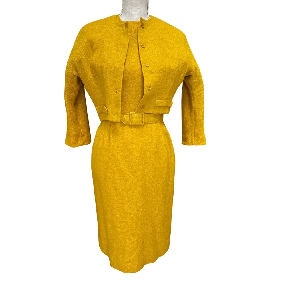 Vintage Chic Mustard Dress and Jacket Ensemble with Matching Belt - Picture 1 of 16